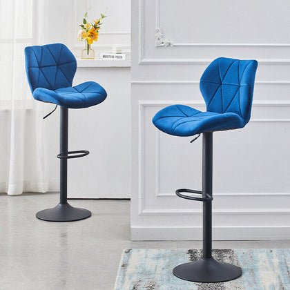 2x Blue Velvet Breakfast Bar Stools Swivel Gas Lift Chairs Kitchen Pub Chair