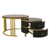 Round Glass Nesting Coffee Tables Set Black Side Tables with Storage 2 Drawers