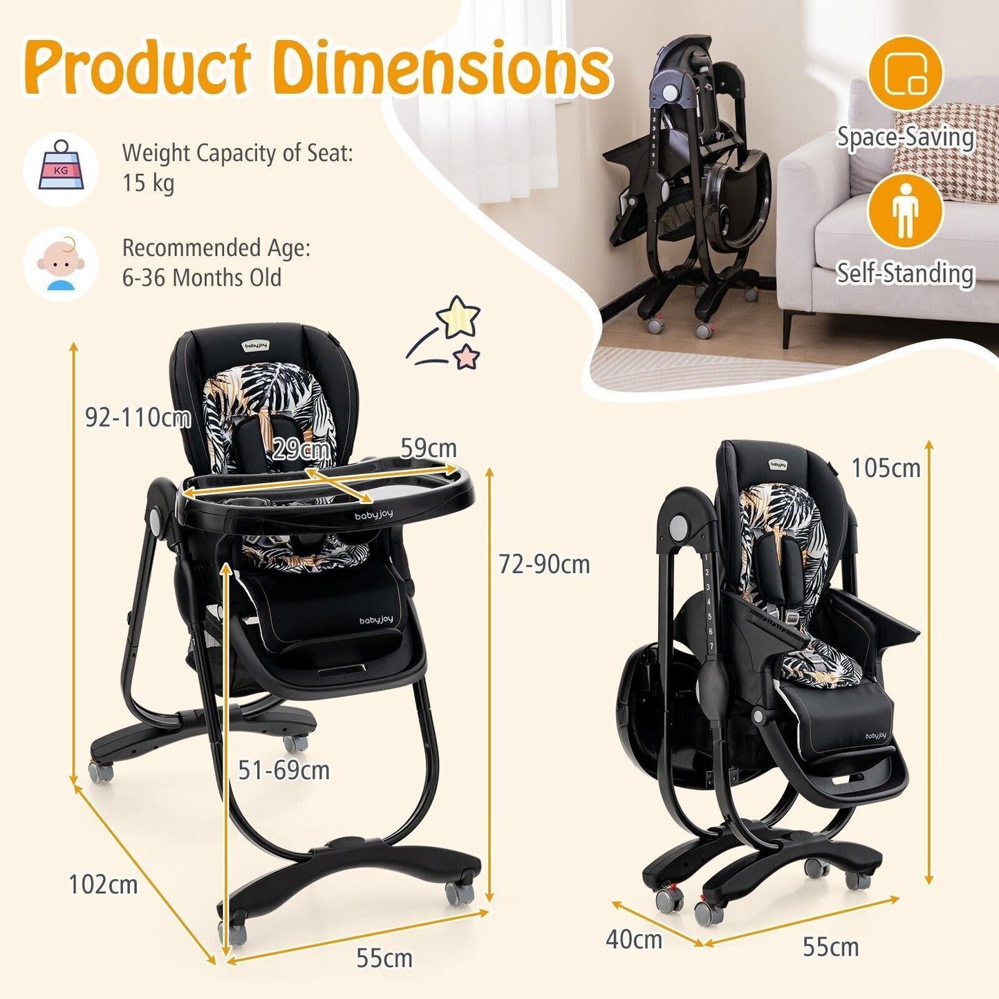 Folding Baby High Chair Adjustable Convertible High Chair W/ Removable Meal Tray