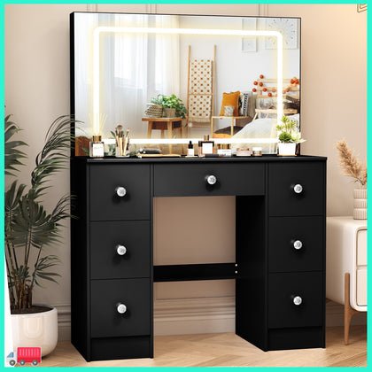 7 Drawers Black Dressing Desk With LED Lighed Mirror Vanity Makeup Table Bedroom