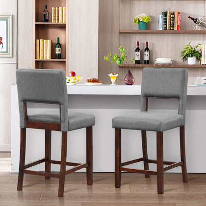 2 Pcs Linen Counter Height Bar Stool Chair Set w/ Hollowed Back Rubber Wood Legs