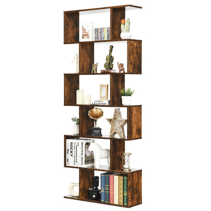 6-Tier Bookcase Free Standing S-Shaped Style Bookshelf Wooden Display Shelf