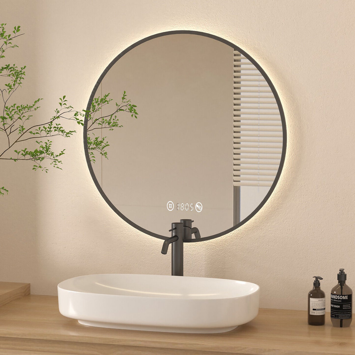 Round LED Mirror Bathroom Black Gold Frame With/no Clock Demister Illuminated