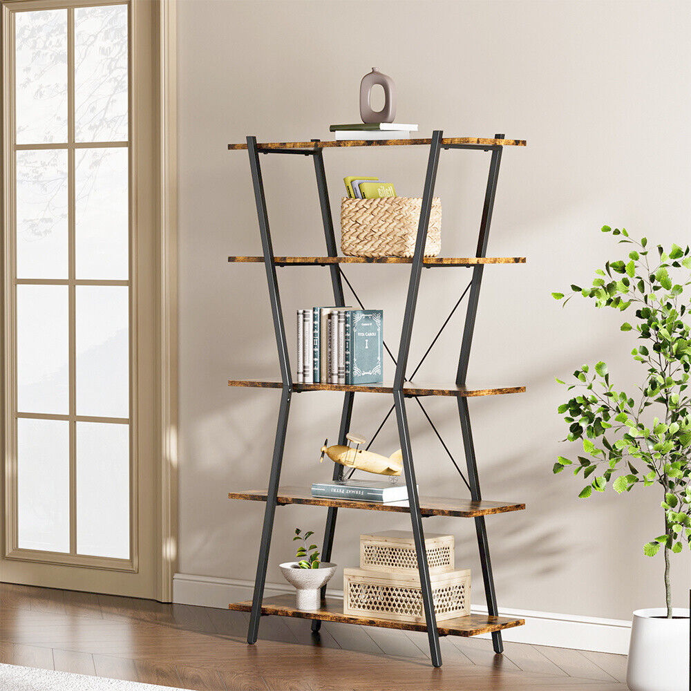 Wooden Bookshelf Bookcase Industrial Style Shelves 5 Tier Display Rack Organiser