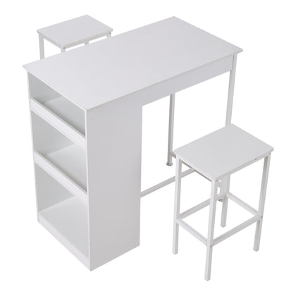 3 Piece Breakfast Bar Table Set with 3 Tier Storage Shelves White Stools & Table