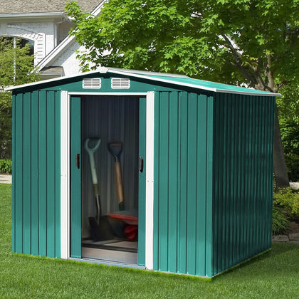 8x8ft Green Metal Outdoor Toolshed Apex Roof Garden Shed Storage Container +Base