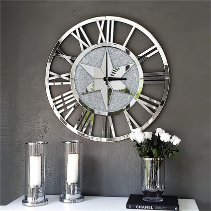 60cm Round Crushed Crystal Wall Clock Loose Diamond Crystal Mirror Silent Quartz
