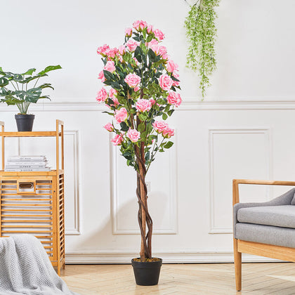 Artificial Rose Bush Tree Potted Plant Pink Faux Flower Home Decor Garden 150cm