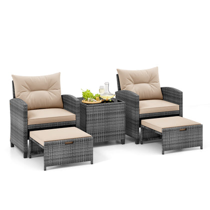 5 Pieces Patio Furniture Set Outdoor Chairs w/Space-saving Ottomans Brown