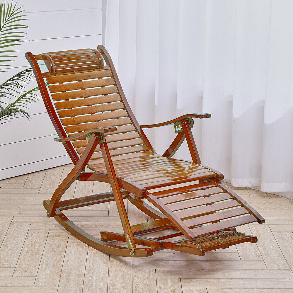 Pool Deck Rocking Chair BambooWood Deck Rocking Chair Patio Garden Outdoor Sun Lounger Reclini ...