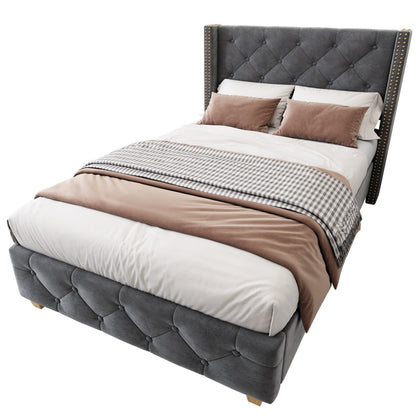 3FT UPHOLSTERED SINGLE BED FRAME WITH VELVET TUFTED HEADBOARD & WING SIDE GREY