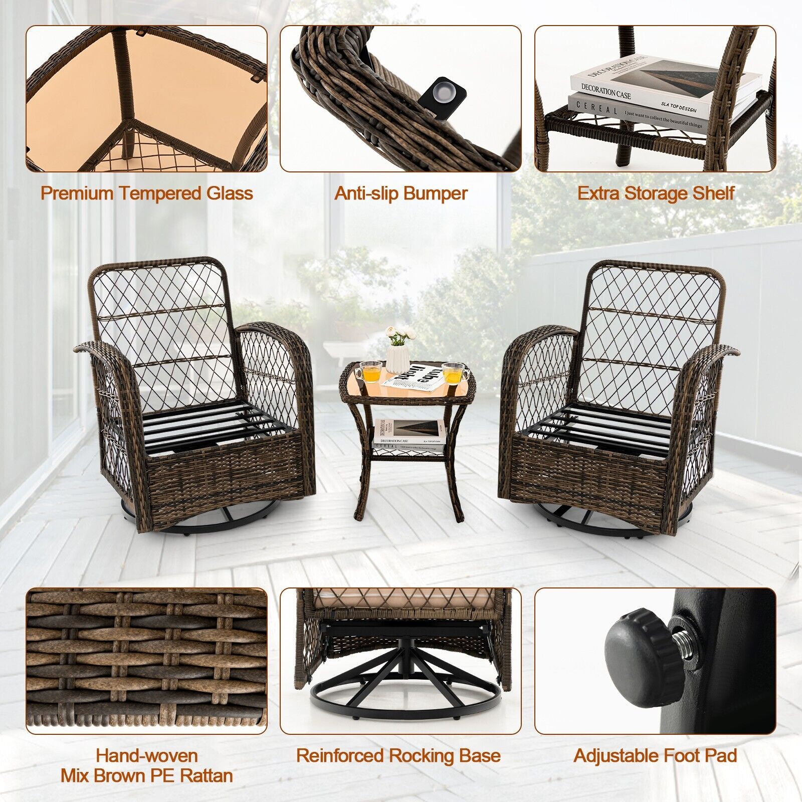 Outside Swivel Rattan Rocker 3-Piece Patio Swivel Rocker Set Rattan Wicker 360° Swivel Rocking Chai ...
