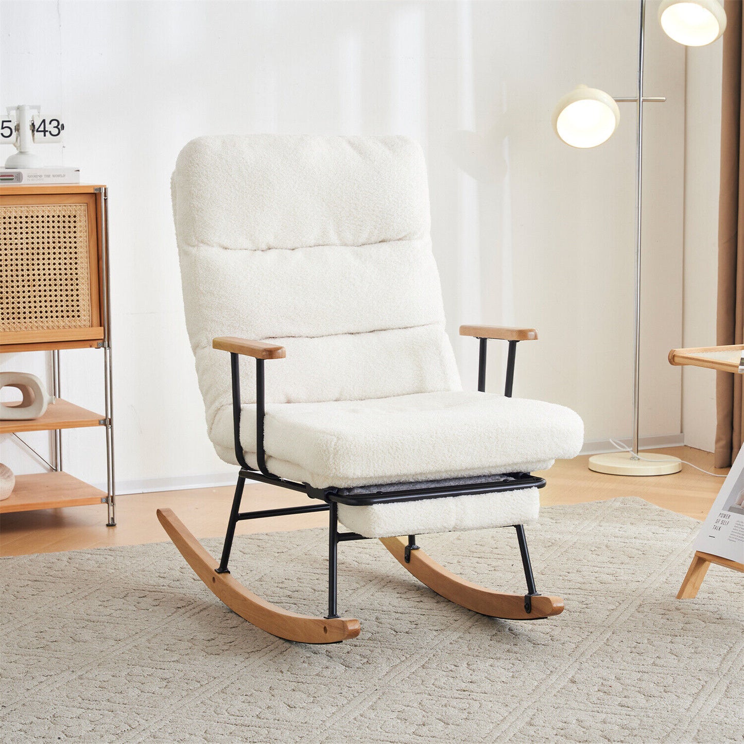 Nursing Boucle Fabric Rocking Chair Relaxing Recliner Armchair with Footrest