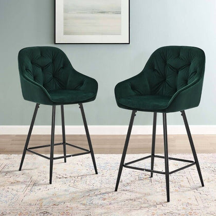 2X Green Velvet Bar Stools Kitchen Breakfast Stool Footrest 65 cm Padded Seat