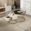 Round Nesting Coffee Tables with Drawer Set of 2 High Gloss Marble Pattern Top