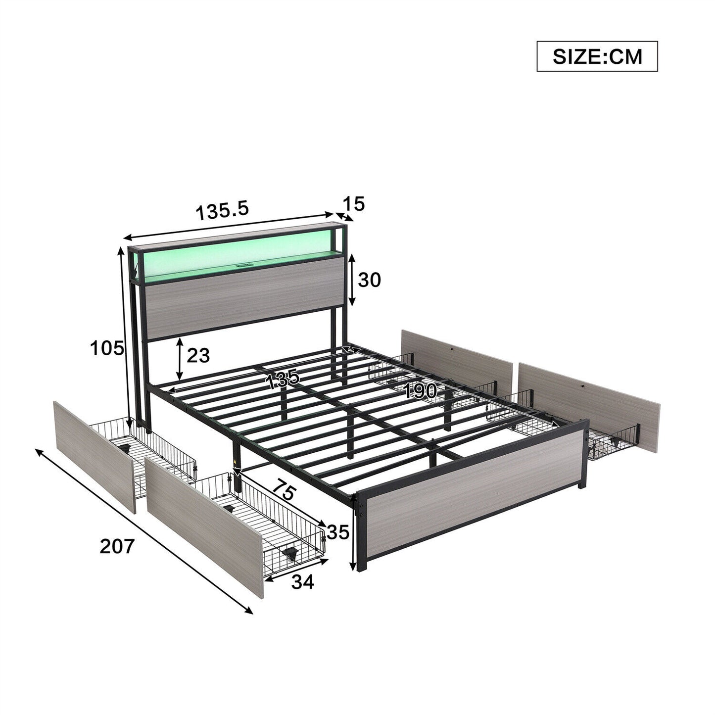 Double Bed Frame with LED Lights, 4 Drawers, Charging Station Metal Platform Bed