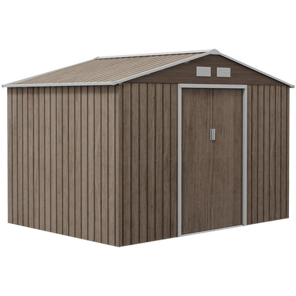 9 x 6FT Galvanised Garden Storage Shed with Sliding Door, Brown