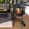 Patio Fire Pit BBQ Mobile Firepit Rolling Wood Burning Firepit w/Wheels & Handle