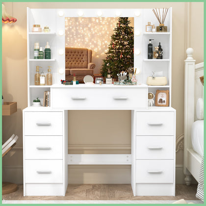 Large Makeup Table with LED Lights Mirror and 7 Drawers & Shelves Dresser Desk