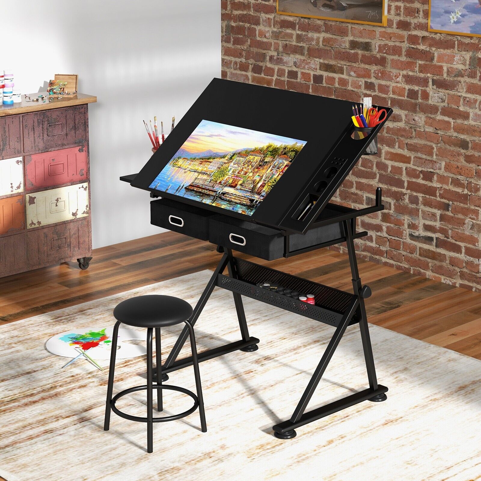 Drawing Table With Stool Drafting Table with Stool Height Adjustable Drawing Desk with Tilting ...