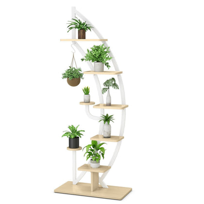 8-Tier Tall Wooden Plant Stand Rack Curved Half Moon Shape Ladder Planter Shelf