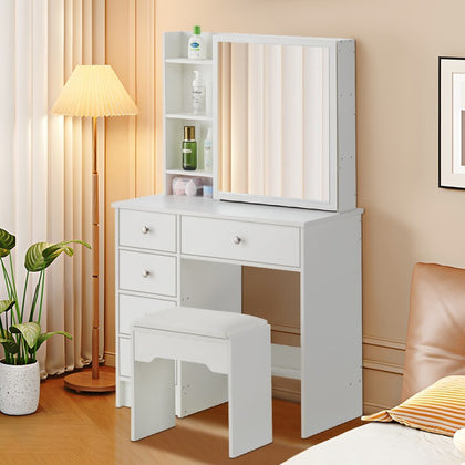 Modern Dressing Table Makeup Desk Sliding Mirror Shelf Stool 5 Drawers White