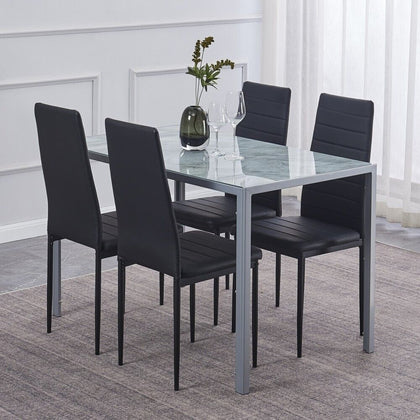 4pcs Black PU Leather Padded Seat Dining Chairs & Grey Marble Glass Dining Table