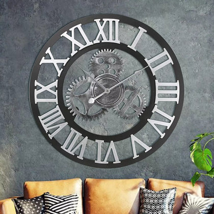 Large Indoor Wall Clock Big Roman Numerals Giant Open Face Wood/Iron Silver 60cm