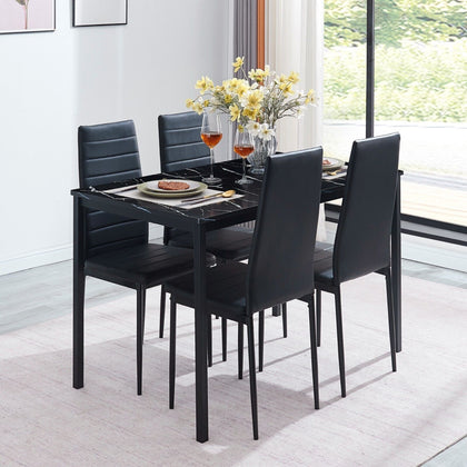 4x Black Faux Leather Dining Chairs&Black Marble MDF Top Dining Table Dining Set