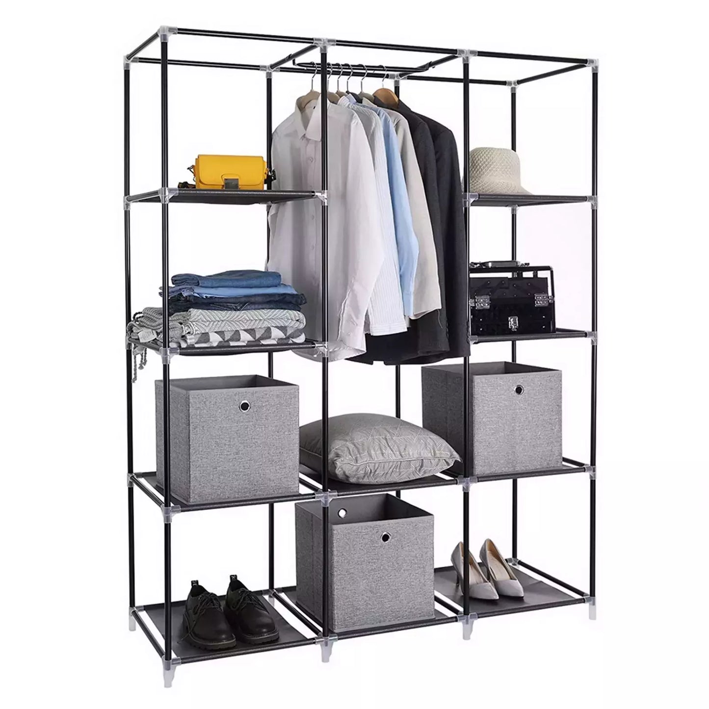 Large Canvas Fabric Wardrobe With Hanging Rail Shelving Clothes Storage Cupboard