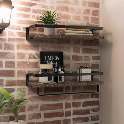 2 Rustic Wall Floating Shelves Bathroom Kitchen Storage Rack w/ Towel Rod