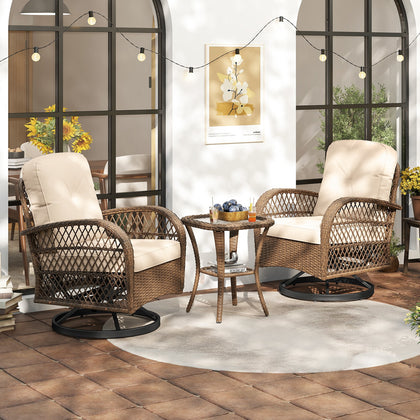 3 Piece Patio Swivel Rocker Set 2 Outdoor Wicker Rocking Chairs Brown