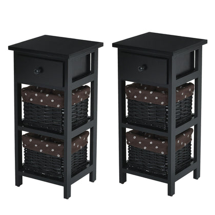 2 PCS Nightstand 3-Tier Bedside Sofa Table Modern Bedroom Side Table w/2 Baskets