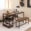 3PCS Dining Table Set Kitchen Table & 2 Benches W/ Storage Shelf Wine Rack