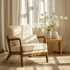 Mid Century Wooden Armchair with Beige Corduroy Cushions – Retro Lounge Chair