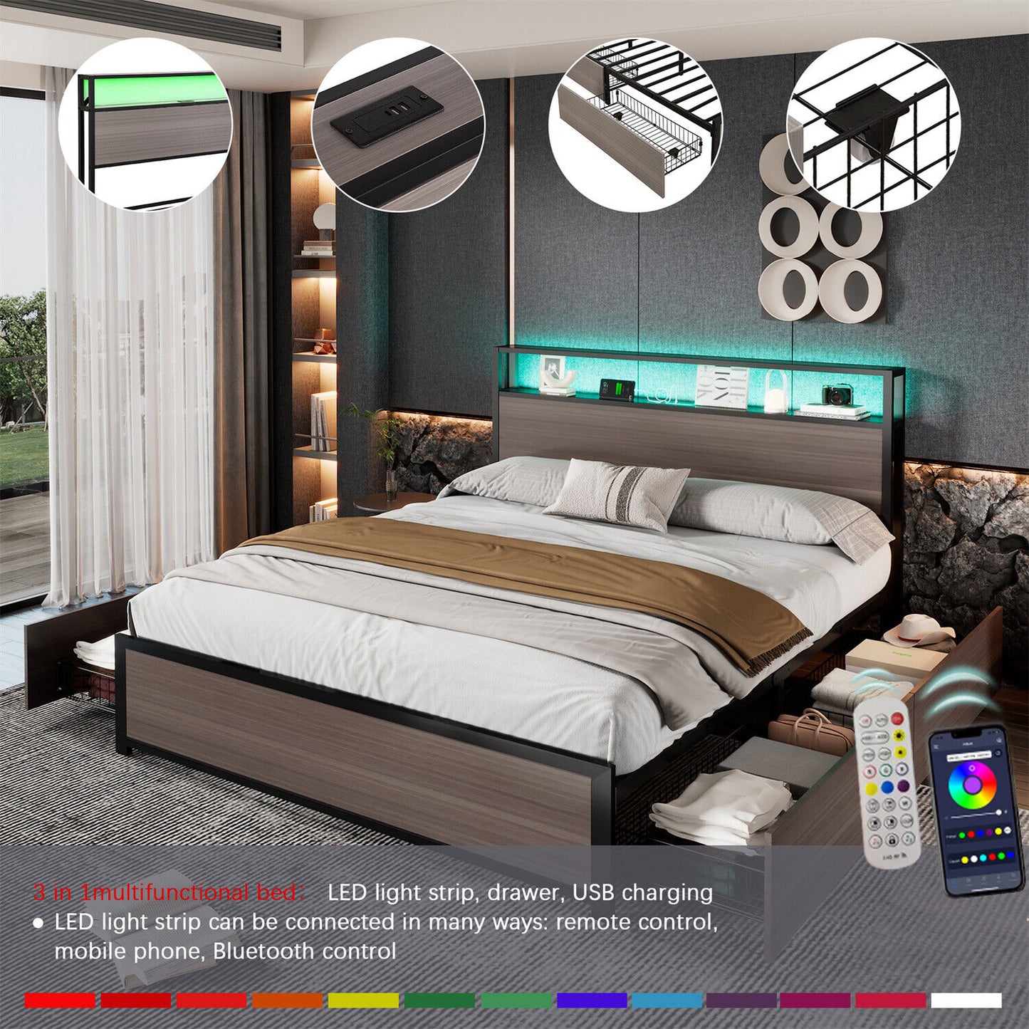 Double Bed Frame with LED Lights, 4 Drawers, Charging Station Metal Platform Bed