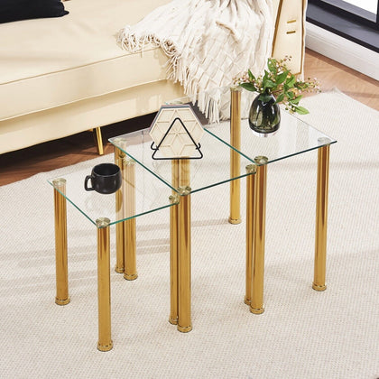 3pcs Rectangular Clear Tempered Glass Side End Table Nested Table Golden Tubes
