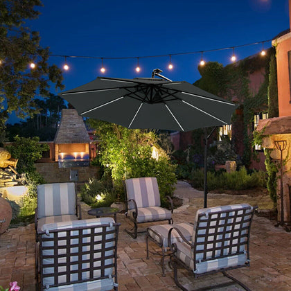 3M 10FT LED Patio Vented Umbrella Cantilever Parasol Solar Lights Crank Handle