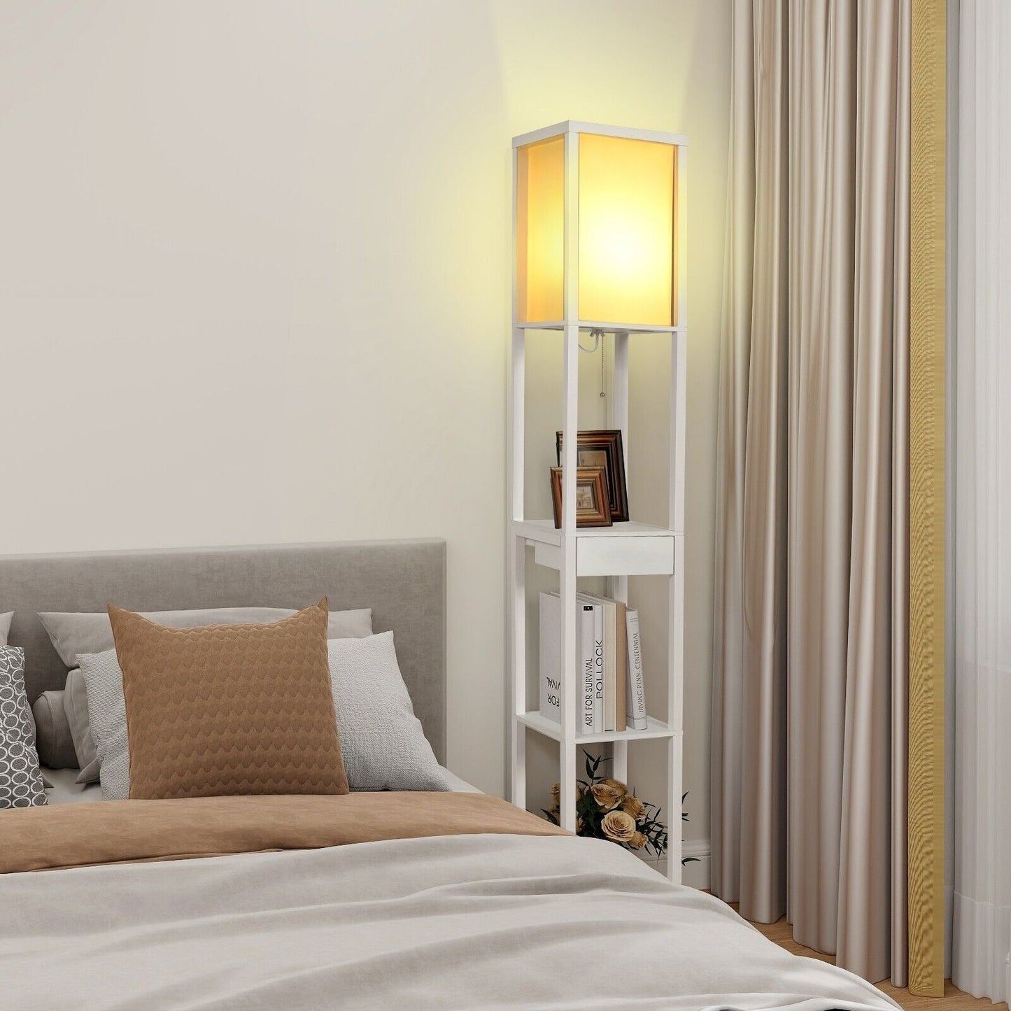 Wood Floor Lamp Modern Standing Light with Shelves USB Charging Port Drawer Bulb