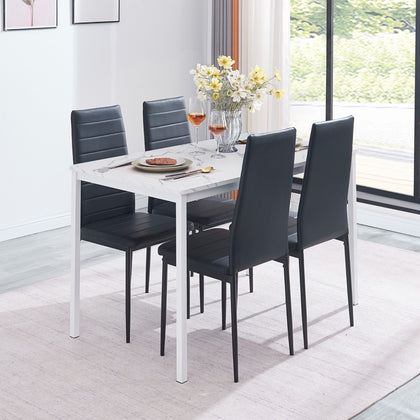 4x Black High Back Faux Leather Dining Chairs&White Marble MDF Top Dining Table