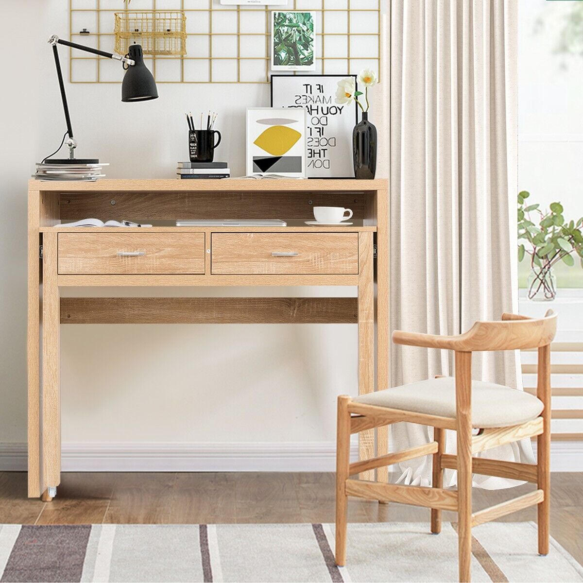 Costway Extending Writing Desk Console Table Wood Study Workstation w/2 Drawers