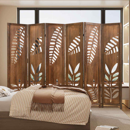 6-Panel Room Divider Privacy Screen with Carved Leaf Pattern-Brown