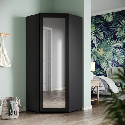 Modern Corner High Gloss Mirrored Black Wardrobe Door with Hanging Rail Shelves