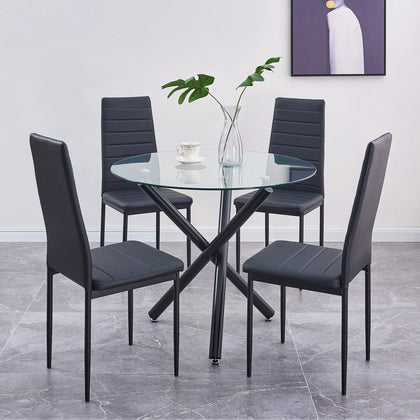 4x Black Faux Leather Dining Chairs & Round Glass Dining Table Black Metal Legs