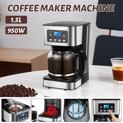 1.5L Filter Coffee Machine Digital Brewing Timer for Home Kitchen Office 950W