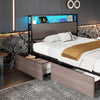 Single Bed Frame with LED Lights, 4 Drawers, Charging Station Metal Platform Bed