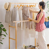 Bamboo Clothes Rail Double Hanging Garment Rack Storage Shelf W/ Wheels