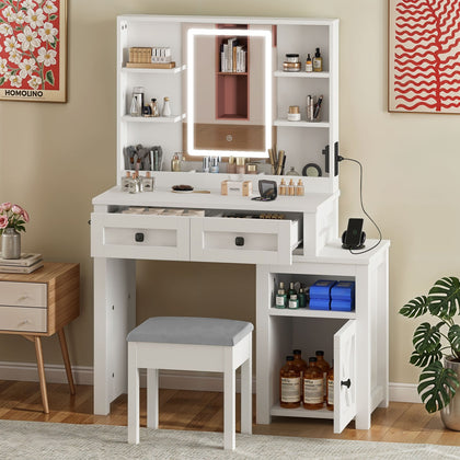 Makeup Desk with LED Lights, Cabinet, 2 Drawers, Shelves, for Bedroom