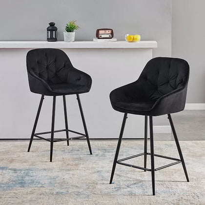 2x Black Bar Stools Velvet Breakfast Stool Footrest 65 cm Padded Seat Kitchen