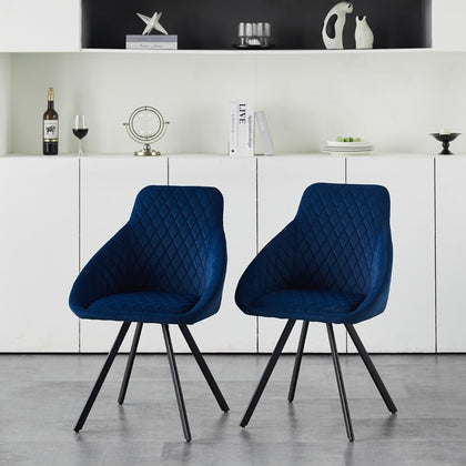 2Pcs Blue Dining Chairs Velvet Padded Seat Dining Room Chair Modern High Back